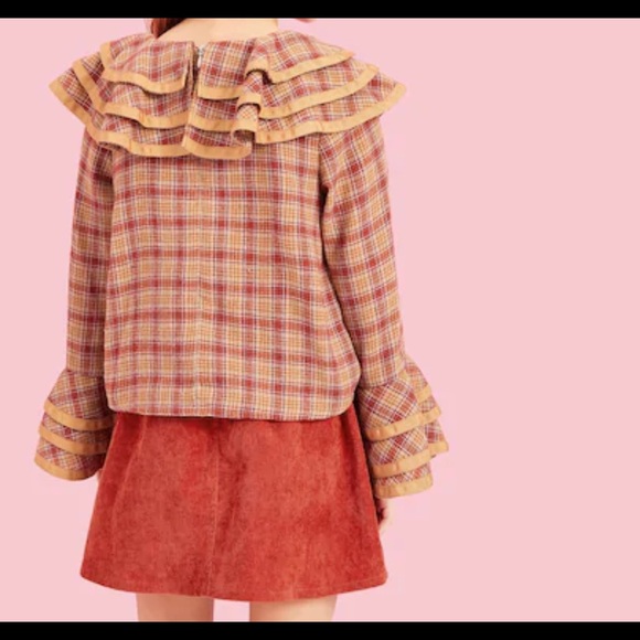 Ruffle Trim Plaid Top Zip Back - Picture 2 of 4